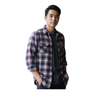 Denim & Flower Flannel Collection Button Up Pockets Red White Blue Plaid L Slim